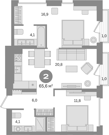 2-комн., 63.6 м², 14/17 этаж, ЖК «Первый квартал. Вторая очередь»