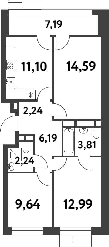 3-комн., 62.8 м², 7/8 этаж, ЖК «Смарт Гарден»