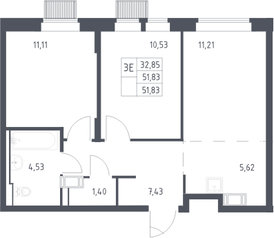 3-комн., 51.83 м², 23/25 этаж, ЖК «Большое Путилково»