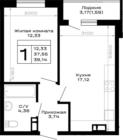 1-комн., 37.55 м², 9/14 этаж, ЖК «Горные высоты»