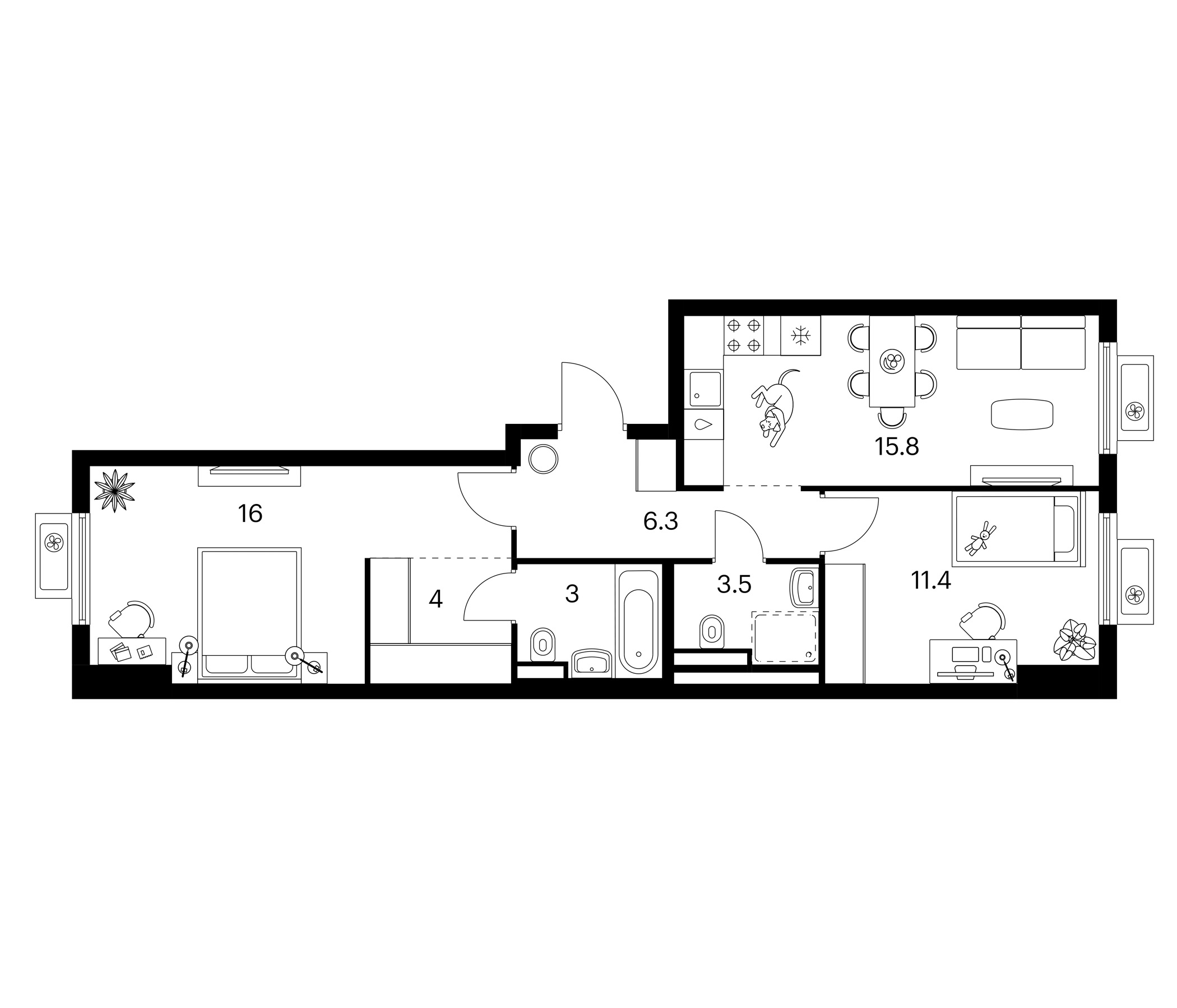 2-комн., 60 м², 15/15 этаж, ЖК «Белая Дача парк»