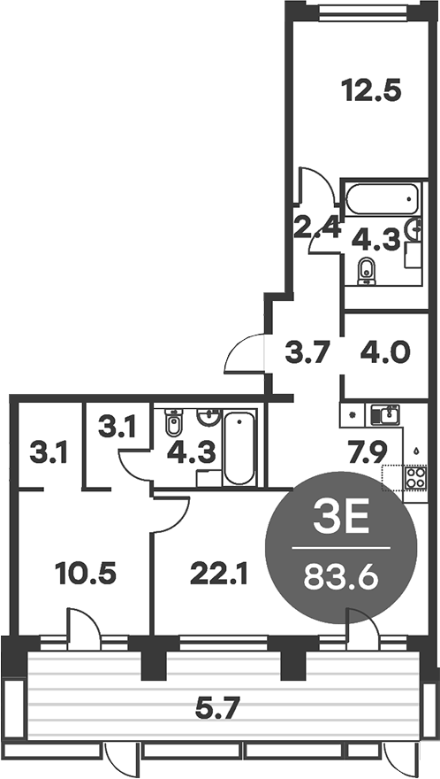 3-комн., 83.6 м², 1/6 этаж, ЖК «Равновесие»