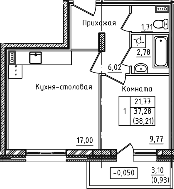 1-комн., 37.28 м², 1/5 этаж, ЖК «Зеленый город»