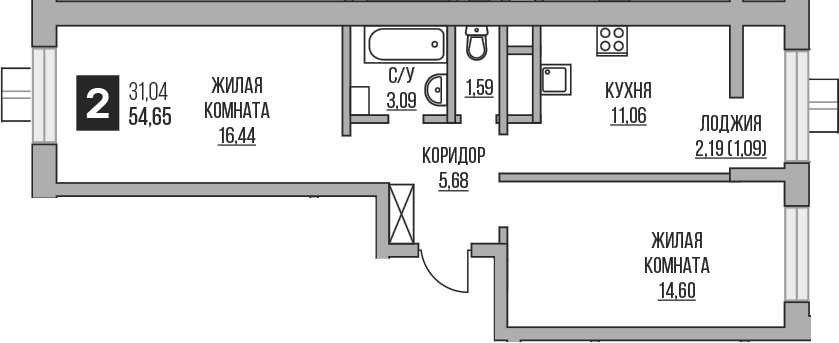 2-комн., 52.46 м², 9/15 этаж, ЖК «Гранель Пехра»