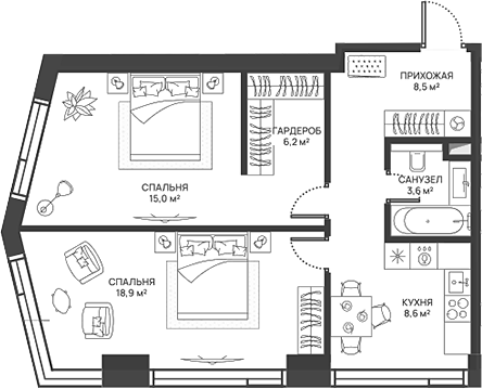 2-комн., 60.8 м², 20/52 этаж, ЖК «СВЕТ»
