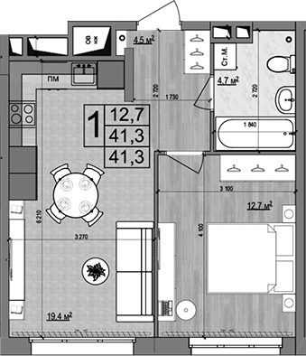 2-комн., 41.3 м², 2/18 этаж, ЖК «Гранд Комфорт»