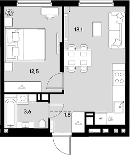1-комн., 36 м², 8/9 этаж, ЖК «Грейд»