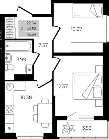 2-комн. квартира, 44.58 м² в ЖК Курортный регион — фото 2