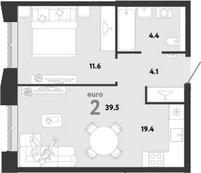 2-комн., 39.5 м², 26/33 этаж, ЖК «Страна.Заречная»