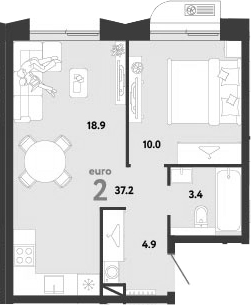 2-комн., 37.2 м², 6/12 этаж, ЖК «Страна.Заречная»