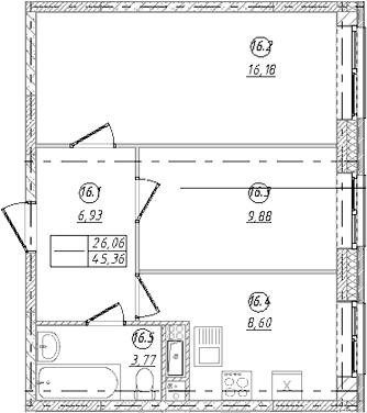 2-комн., 45.36 м², 2/9 этаж, ЖК «Юго-Западный квартал»