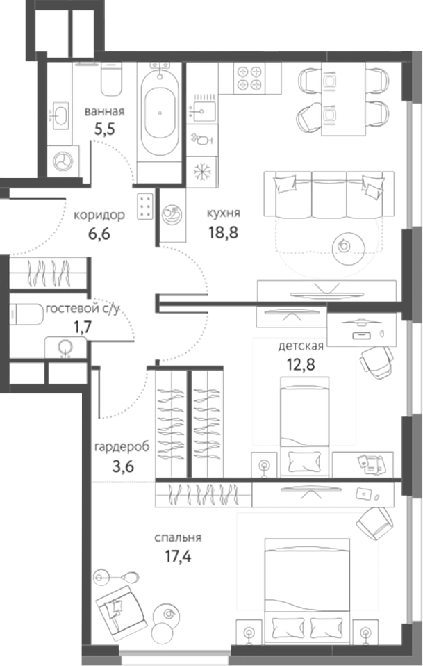 2-комн., 66.4 м², 22/25 этаж, ЖК «Сиреневый парк»