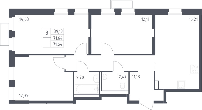 3-комн., 71.64 м², 20/24 этаж, ЖК «Квартал Строгино»