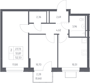 2-комн., 51.87 м², 8/12 этаж, ЖК «Богдановский лес»