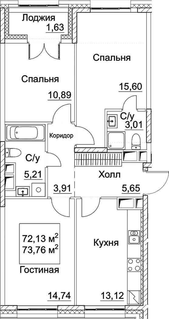 3-комн., 72.13 м², 13/14 этаж, ЖК «СЕЗАР СИТИ»