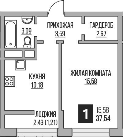 1-комн., 35.11 м², 2/16 этаж, ЖК «Гранель Пехра»