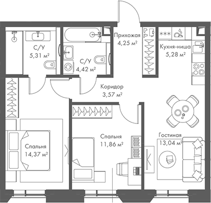 3-комн., 62.1 м², 17/22 этаж, ЖК «МИРА»