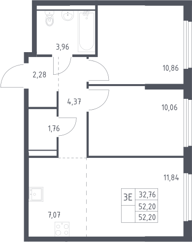 3-комн., 52.2 м², 8/17 этаж, ЖК «Пригород Лесное»