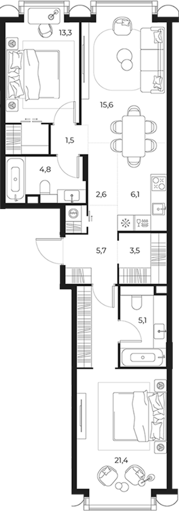 3-комн., 79.6 м², 3/14 этаж, ЖК «МАСТЕРС»