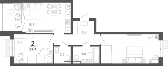 2-комн. квартира, 62.3 м² в ЖК Барса — фото 2