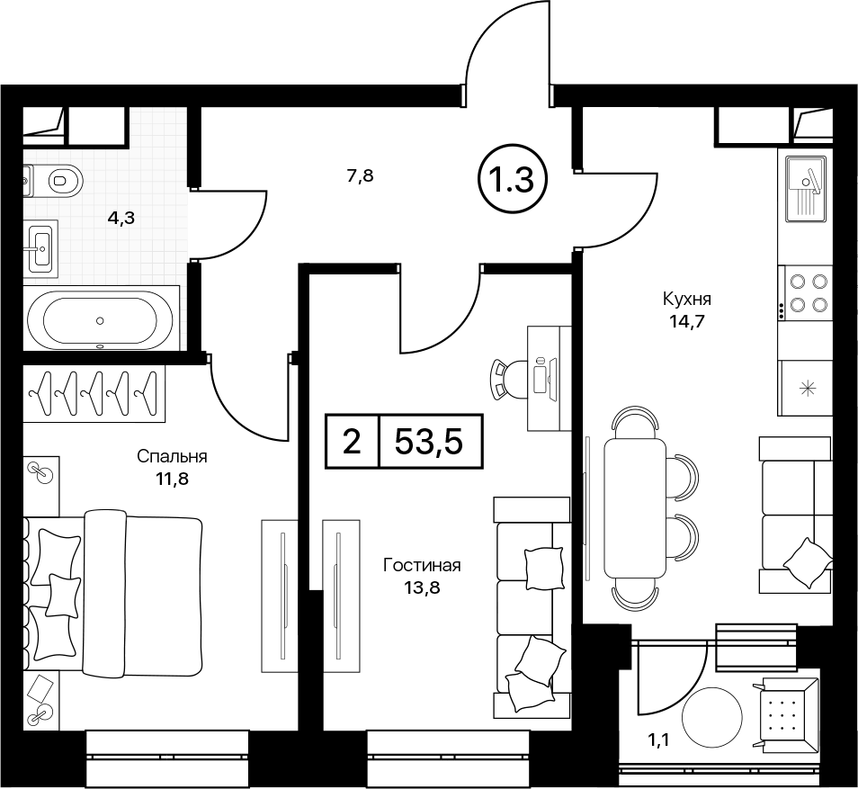 2-комн., 52.4 м², 7/13 этаж, ЖК «Пушкино Град»