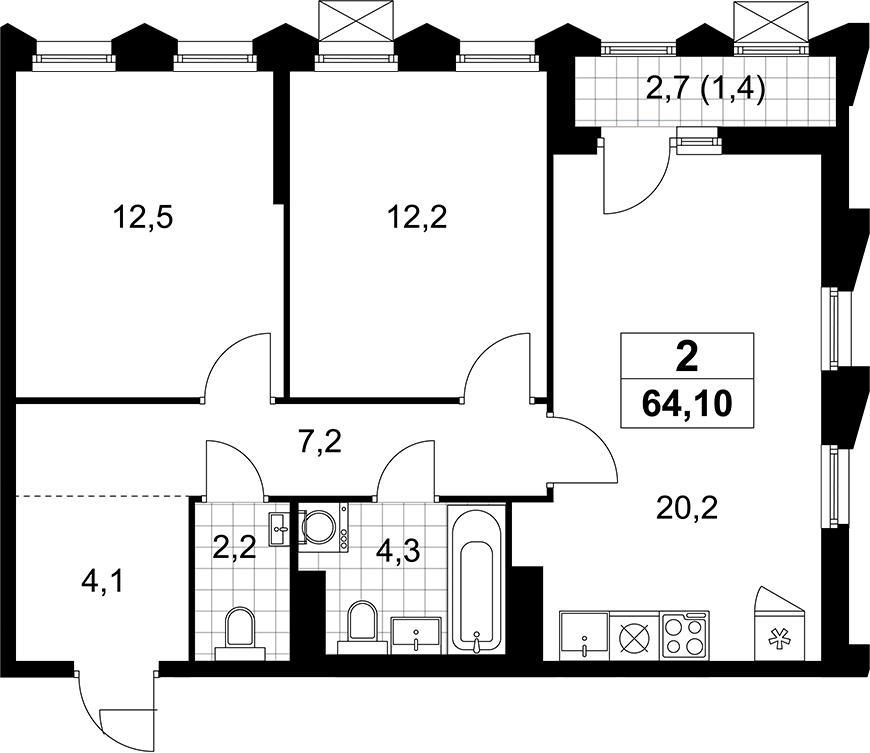 3-комн., 62.7 м², 12/13 этаж, ЖК «Деснаречье»