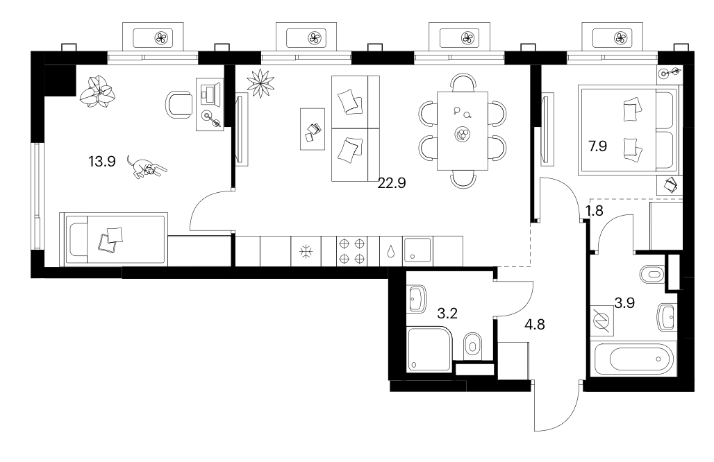 2-комн., 58.4 м², 5/17 этаж, ЖК «Белая Дача парк»