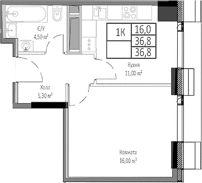 1-комн., 36.8 м², 28/35 этаж, ЖК «Мираполис»