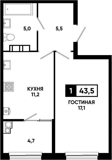 1-комн., 38.8 м², 4/16 этаж, ЖК «Кварталы 17/77»