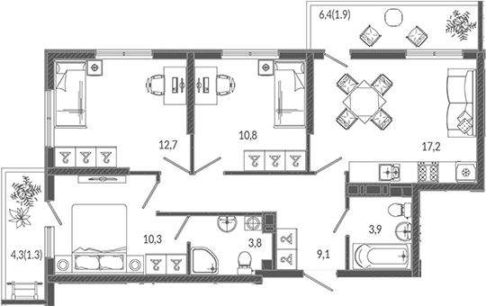 4-комн. квартира, 67.8 м² в ЖК Флора — фото 2