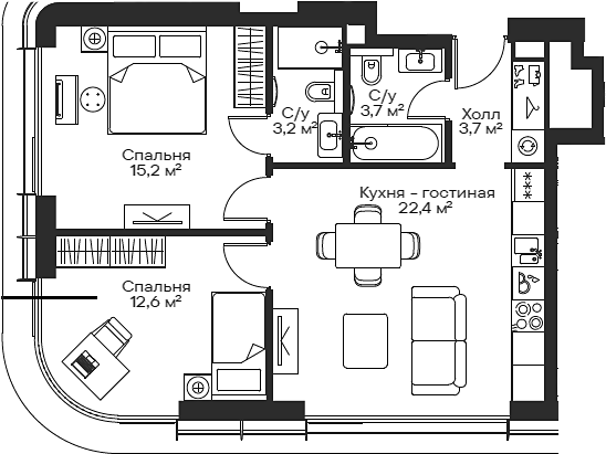 3-комн., 59.42 м², 25/54 этаж, ЖК «Сити Бэй»