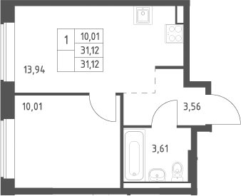 1-комн., 31.12 м², 2/12 этаж, ЖК «Большое Юрлово»