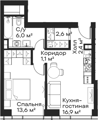 2-комн., 43 м², 16/59 этаж, ЖК «Сити Бэй»