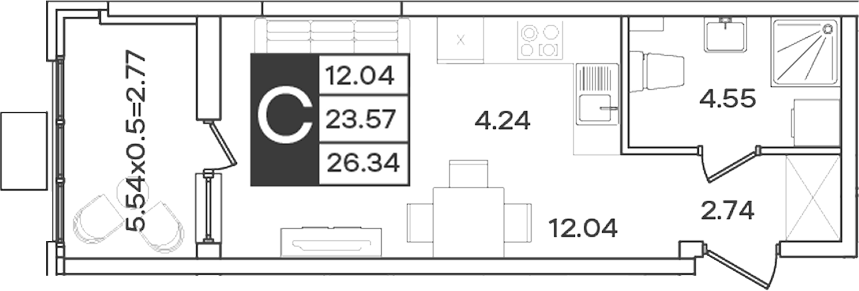 Продается 1-комн. квартира, 23.57 м²