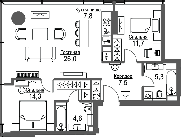 3-комн., 70.5 м², 20/37 этаж, ЖК «Слава»