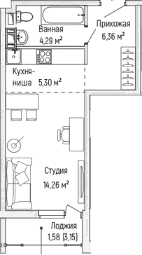 Студия, 30.21 м², 2/9 этаж, ЖК «Рига Хиллс»