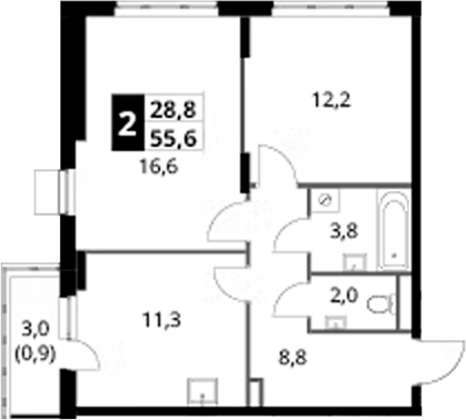 2-комн., 54.7 м², 22/24 этаж, ЖК «1-й Донской»