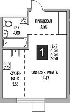 Студия, 28.59 м², 14/14 этаж, ЖК «Гранель Притяжение Сити»