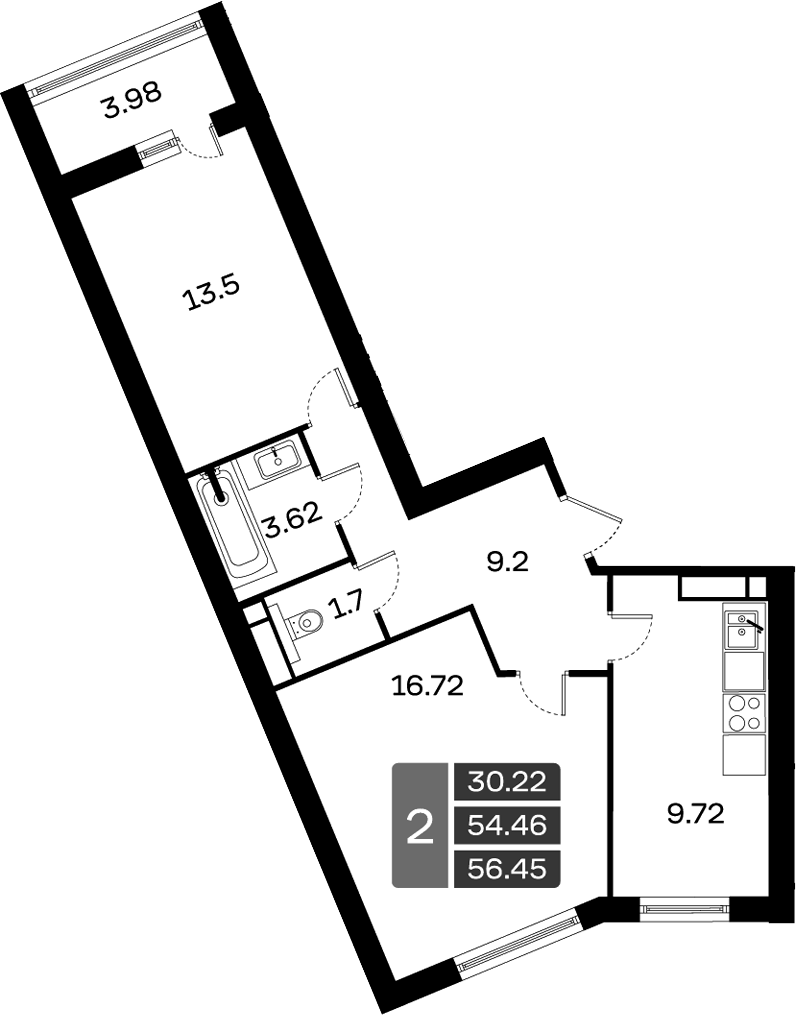 2-комн., 54.46 м², 14/17 этаж, ЖК «Домодедово Парк»
