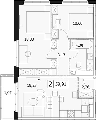 3-комн., 58.84 м², 15/17 этаж, ЖК «У реки.Эко Видное 2.0»