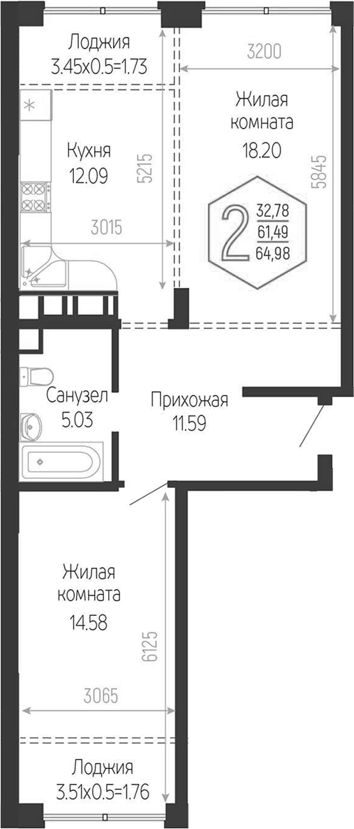 2-комн. квартира, 61.49 м² в ЖК Гарантия PRIME — фото 2