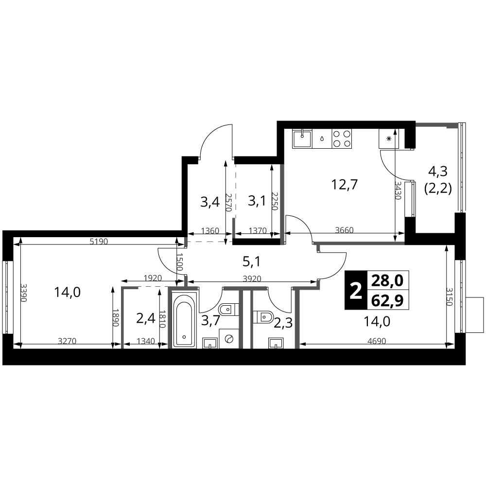 2-комн., 60.7 м², 5/18 этаж, ЖК «1-й Ясеневский»