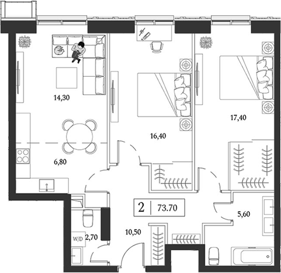 3-комн., 73.7 м², 22/24 этаж, ЖК «Dream Towers»