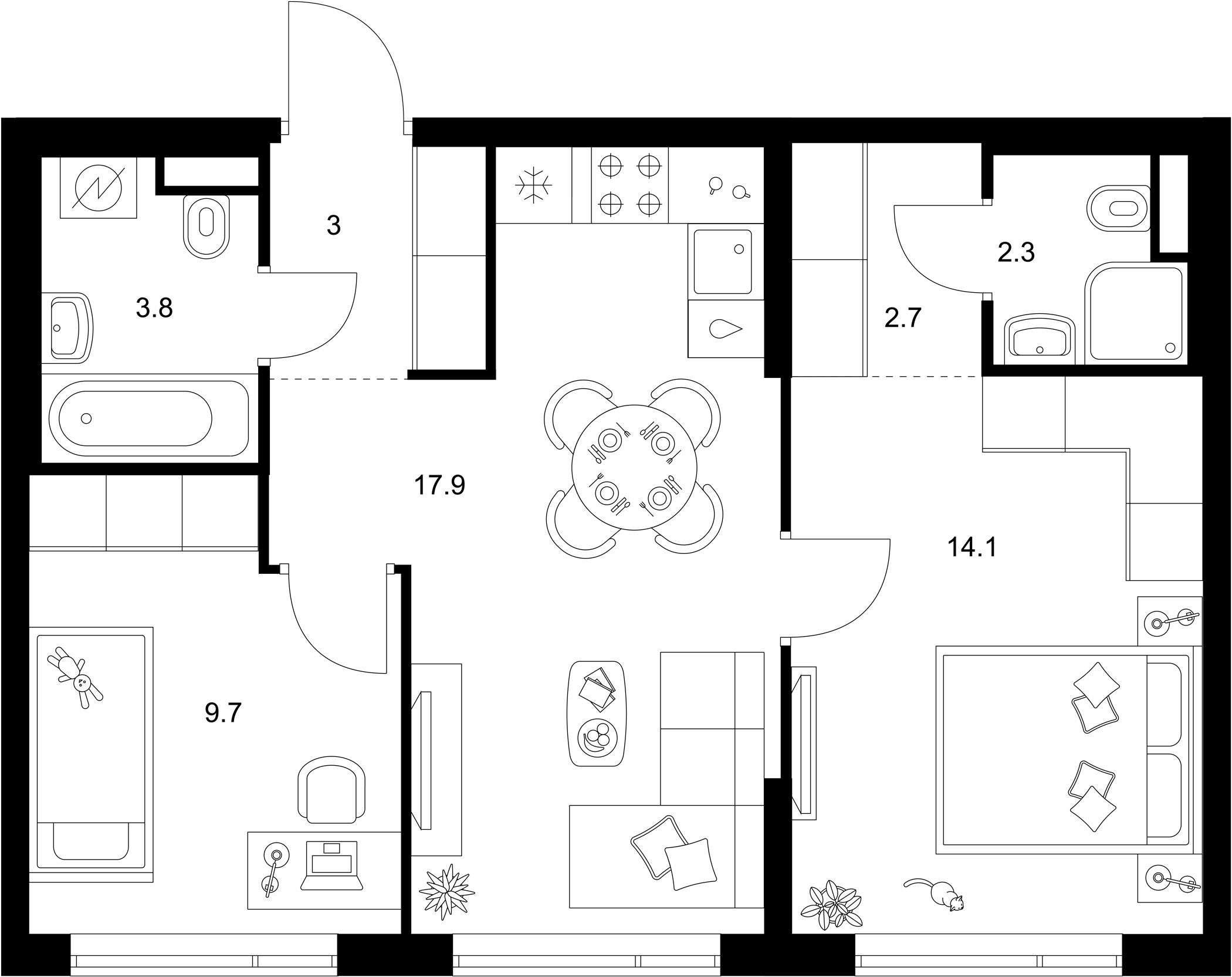 2-комн., 53.5 м², 15/16 этаж, ЖК «Бунинская набережная»