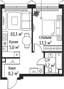 2-комн., 40.7 м², 42/59 этаж, ЖК «СЕТ»