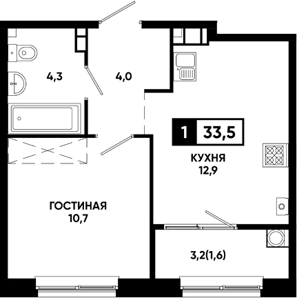 1-комн., 31.9 м², 5/8 этаж, ЖК «Резиденция Софи»