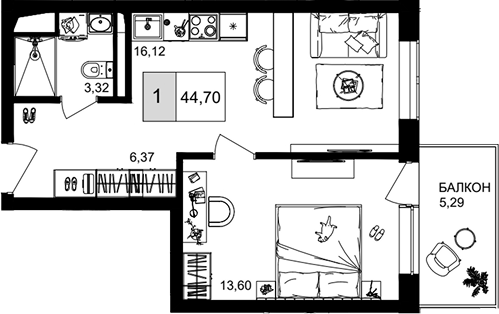 2-комн., 39.41 м², 7/8 этаж, ЖК «IT гостиничный комплекс Корсаков»