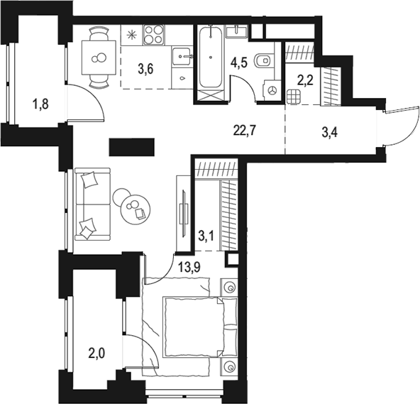 2-комн., 53.4 м², 14/48 этаж, ЖК «Левел Звенигородская»