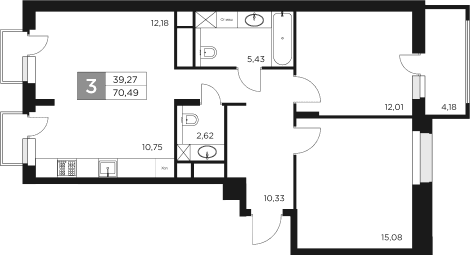3-комн., 68.4 м², 11/17 этаж, ЖК «Восток 2»