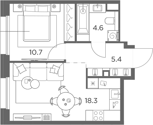 1-комн., 39 м², 5/6 этаж, ЖК «Станиславский»